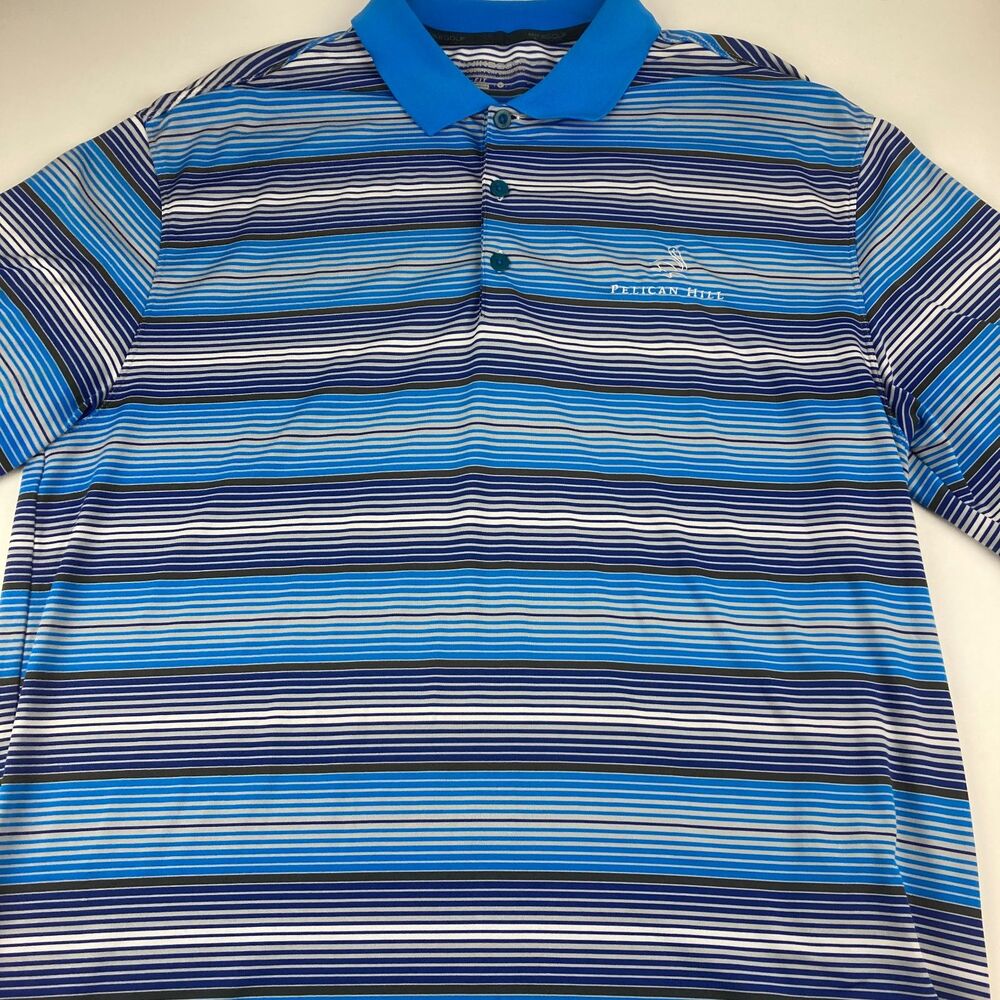 Nike Golf Polo Mens L Blue Striped Dri Fit Pelican Hill Tour Performance Shirt